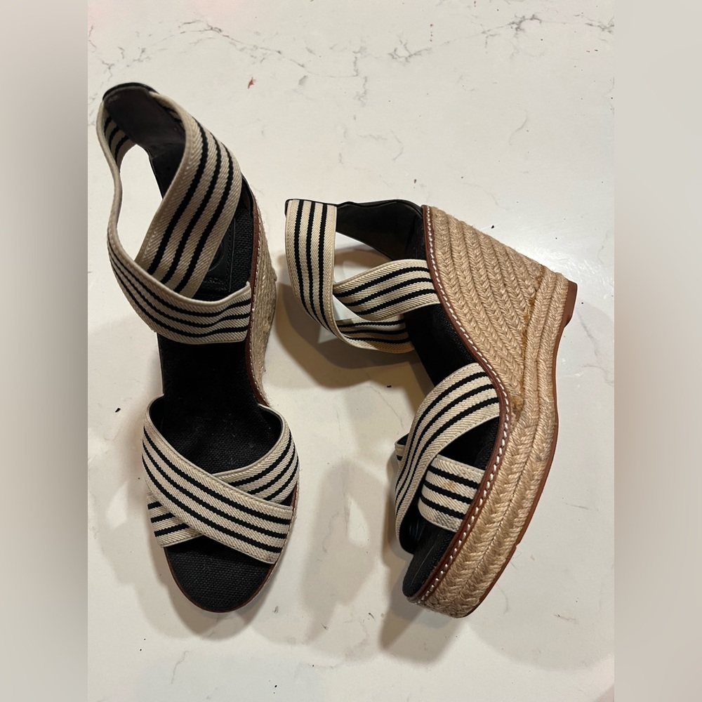 Tory Burch Black and Cream Striped Espadrille Wedge Sandals